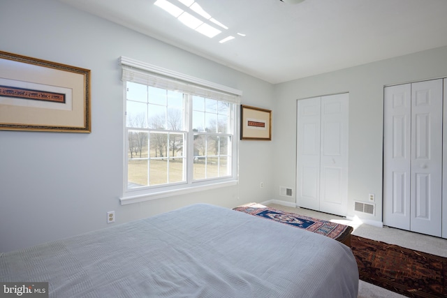 bedroom with carpet, visible vents, two closets, and baseboards