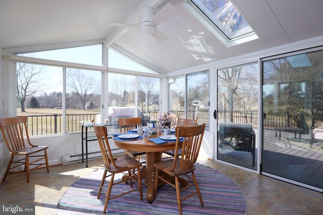 sunroom / solarium featuring a baseboard heating unit, lofted ceiling with beams, and ceiling fan