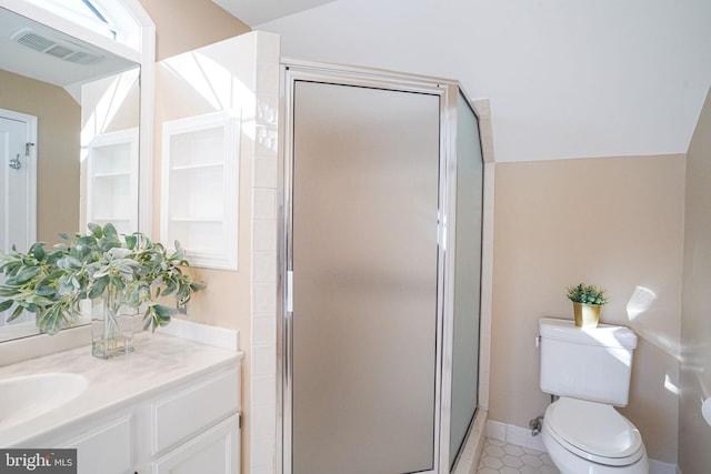 full bathroom featuring visible vents, toilet, a stall shower, tile patterned flooring, and vanity