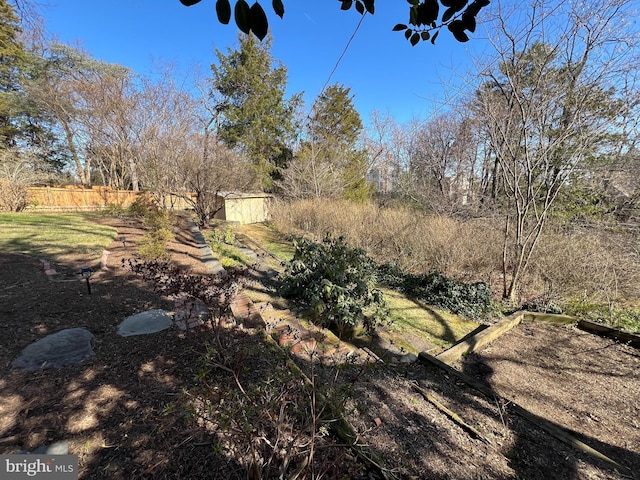 view of yard featuring an outbuilding, a shed, and fence