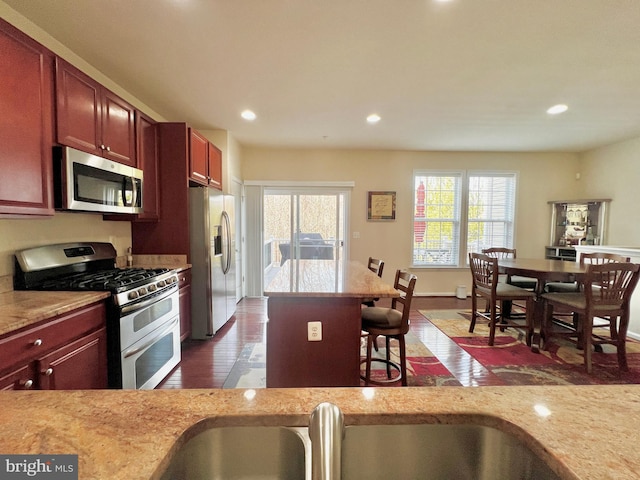 kitchen featuring recessed lighting, a healthy amount of sunlight, stainless steel appliances, and reddish brown cabinets