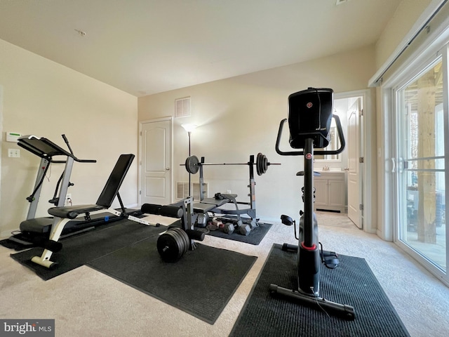 workout area featuring visible vents, carpet flooring, and baseboards