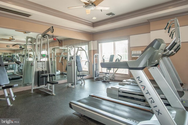 gym with visible vents, a raised ceiling, crown molding, and a ceiling fan