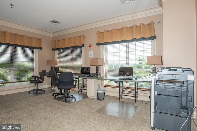 home office with visible vents and crown molding