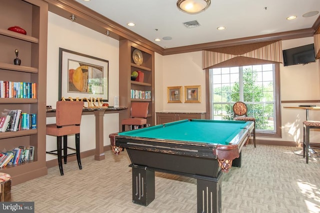 game room featuring visible vents, ornamental molding, built in features, pool table, and baseboards