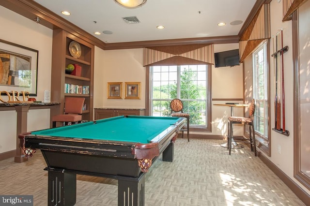 rec room featuring billiards, baseboards, visible vents, and light carpet