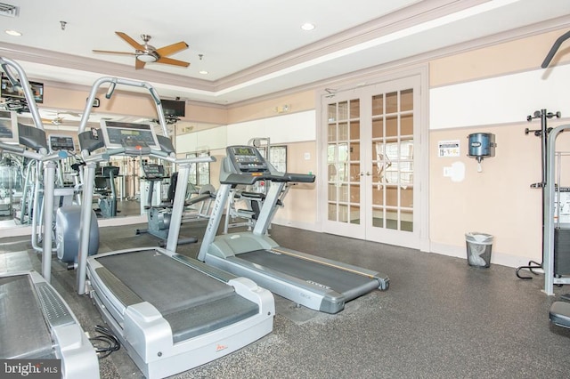 gym with a ceiling fan, visible vents, baseboards, recessed lighting, and french doors