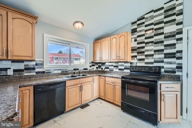 kitchen with light brown cabinets, a sink, black appliances, dark countertops, and marble finish floor