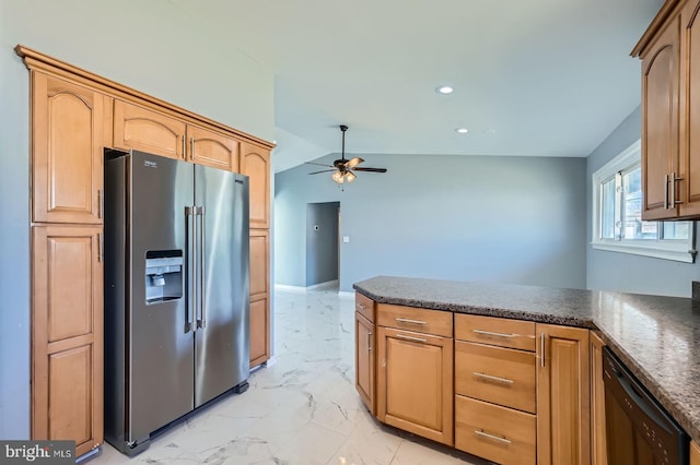 kitchen featuring marble finish floor, black dishwasher, high quality fridge, a peninsula, and vaulted ceiling