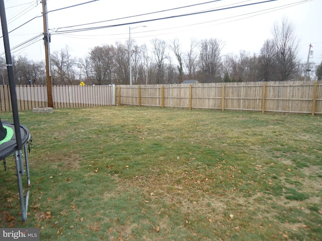 view of yard featuring a fenced backyard and a trampoline