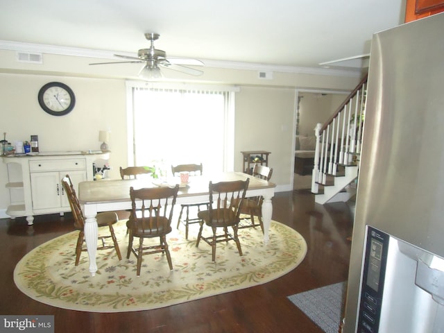 dining space featuring visible vents, stairway, crown molding, and a ceiling fan