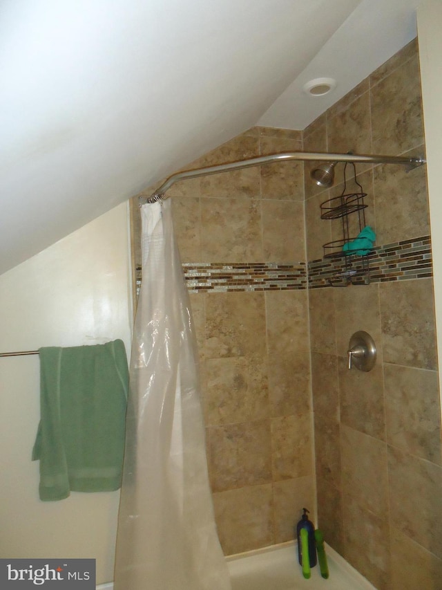 full bathroom featuring lofted ceiling and a shower stall