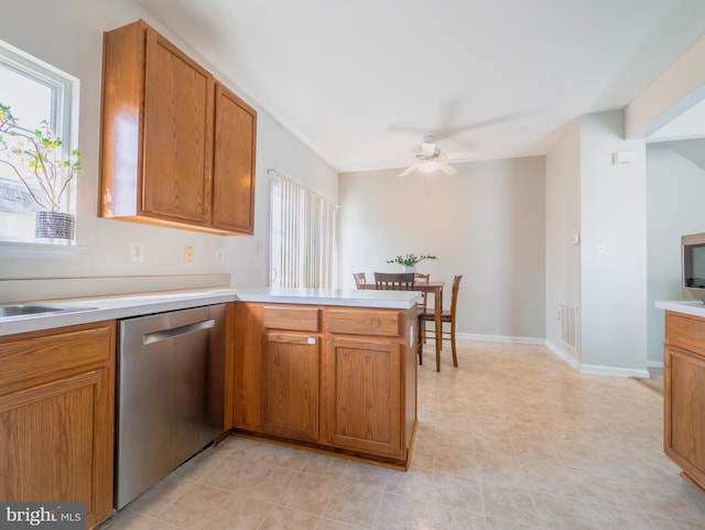 kitchen with a wealth of natural light, visible vents, dishwasher, and a peninsula