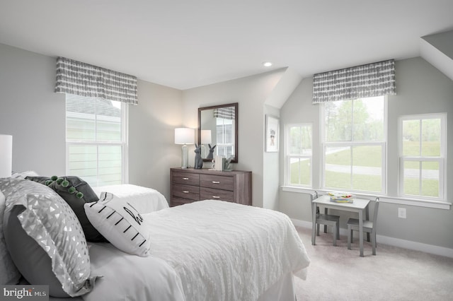 bedroom featuring recessed lighting, baseboards, carpet floors, and lofted ceiling