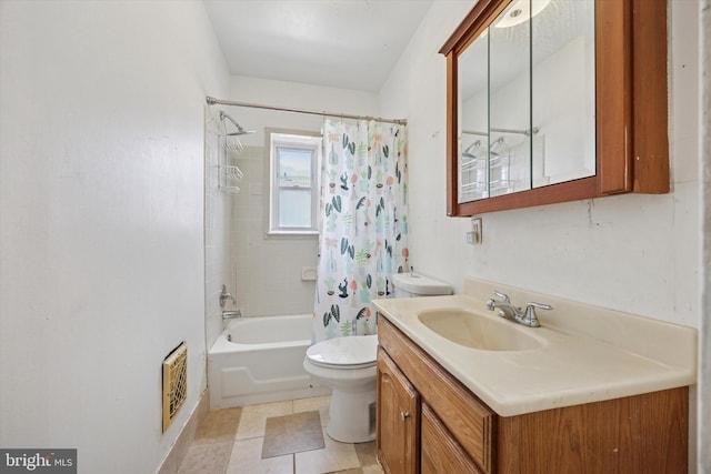 bathroom featuring vanity, shower / bathtub combination with curtain, visible vents, tile patterned flooring, and toilet