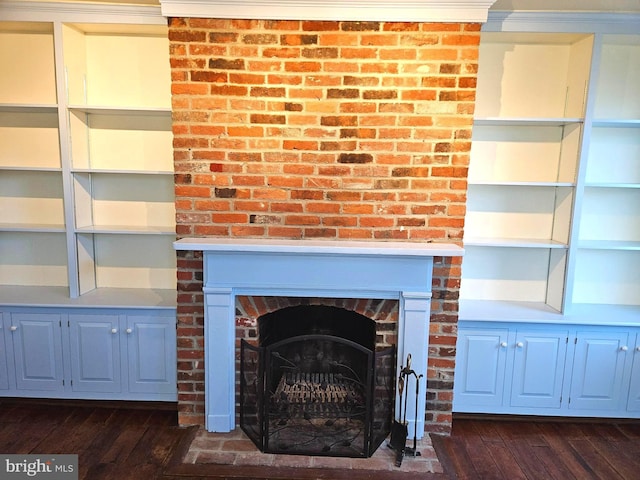 details with a brick fireplace and wood finished floors