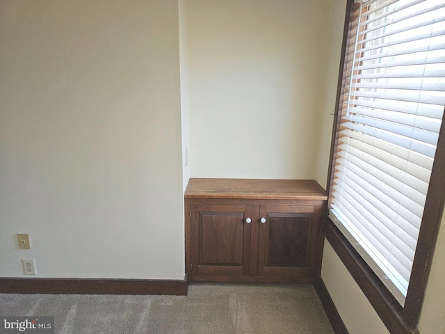 interior space with baseboards and carpet