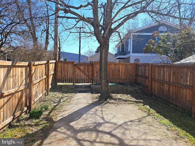 view of yard featuring a fenced backyard and a gate