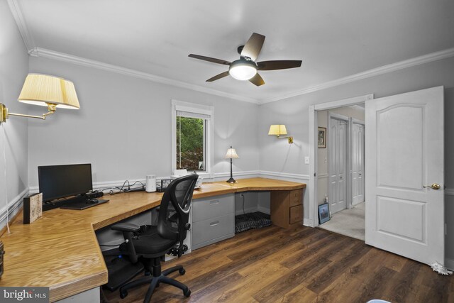 8359 Elm Rd, Millersville, MD 21108 - office area with dark wood finished floors, ornamental molding, a ceiling fan, and baseboards