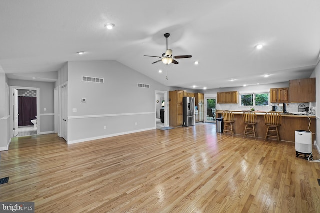 8359 Elm Rd, Millersville, MD 21108 - living area featuring ceiling fan, light wood-style flooring, lofted ceiling, recessed lighting, and baseboards