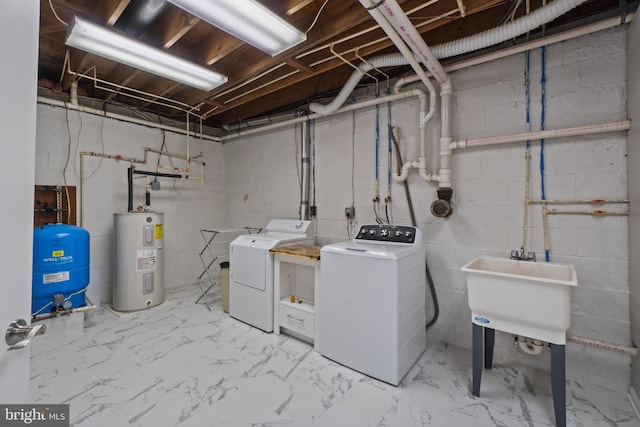 8359 Elm Rd, Millersville, MD 21108 - unfinished basement with water heater, separate washer and dryer, a water pressure tank, a sink, and concrete block wall