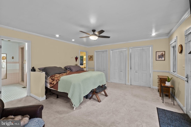8359 Elm Rd, Millersville, MD 21108 - bedroom with two closets, crown molding, carpet, and ceiling fan