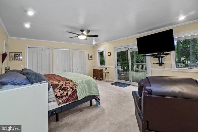 8359 Elm Rd, Millersville, MD 21108 - bedroom with access to outside, ornamental molding, light carpet, multiple closets, and ceiling fan