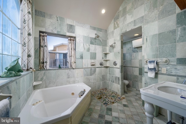 bathroom featuring a tile shower, a whirlpool tub, vaulted ceiling, tile walls, and toilet