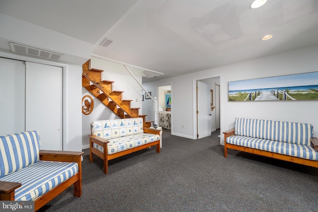 living area with stairs, carpet flooring, recessed lighting, and visible vents