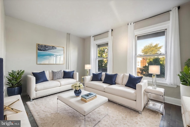 living area with baseboards and wood finished floors