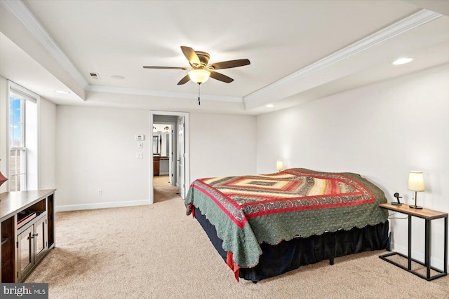 bedroom with baseboards, a tray ceiling, carpet floors, ornamental molding, and recessed lighting