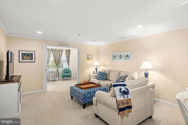 living room featuring recessed lighting, baseboards, carpet, and crown molding