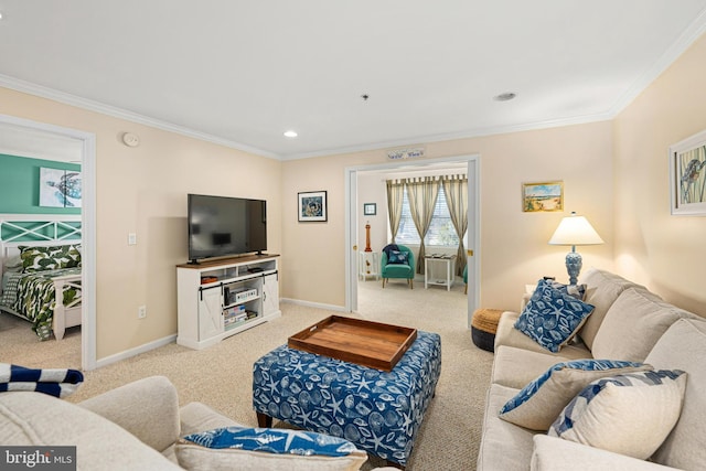 carpeted living area with recessed lighting, baseboards, and ornamental molding