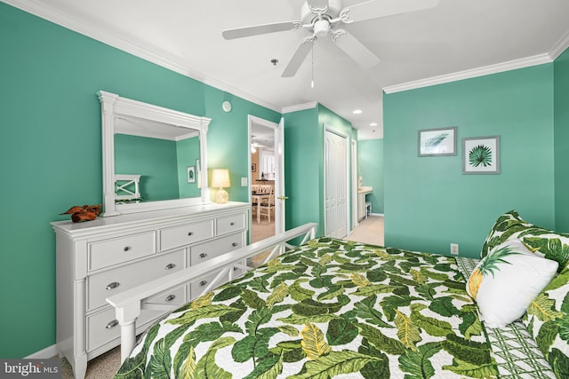 bedroom with baseboards, light colored carpet, and ornamental molding