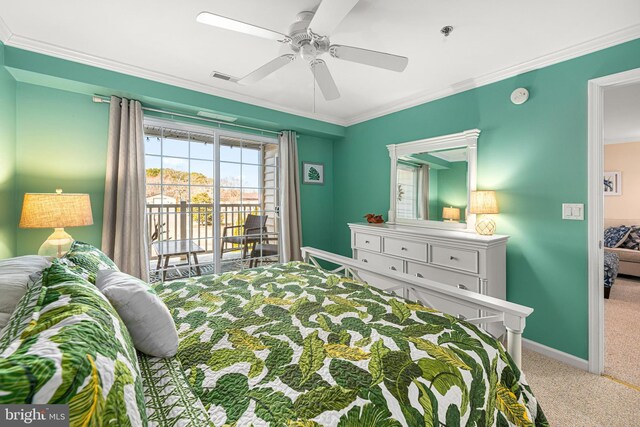 carpeted bedroom with a ceiling fan, baseboards, visible vents, ornamental molding, and access to outside