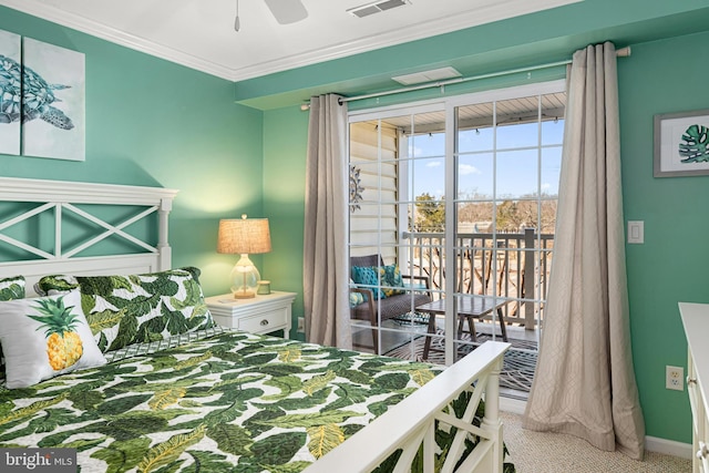 carpeted bedroom with access to outside, baseboards, visible vents, and ornamental molding