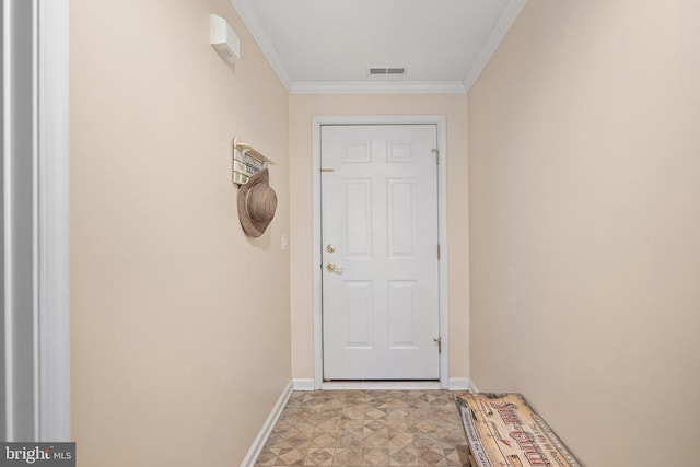 doorway to outside with visible vents, light floors, crown molding, and baseboards