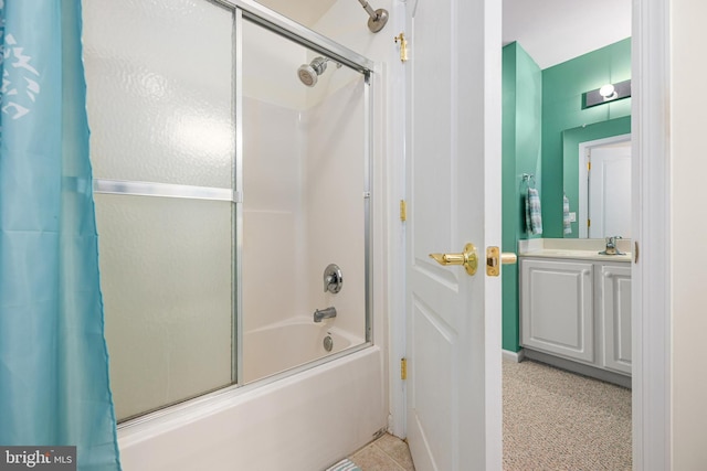 bathroom with shower / bath combination with curtain and vanity