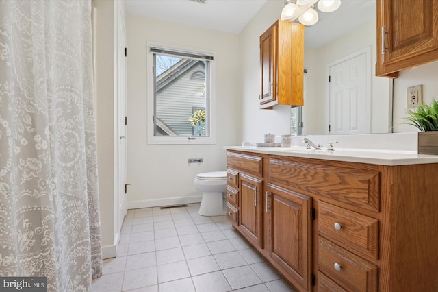 bathroom with tile patterned floors, visible vents, toilet, baseboards, and vanity