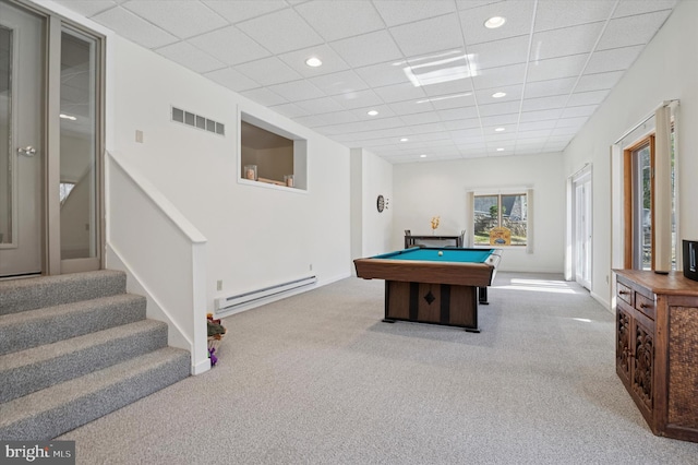 playroom featuring visible vents, billiards, a baseboard heating unit, recessed lighting, and carpet