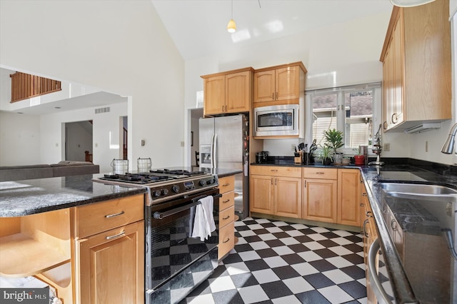 kitchen with visible vents, high vaulted ceiling, a sink, stainless steel appliances, and dark floors