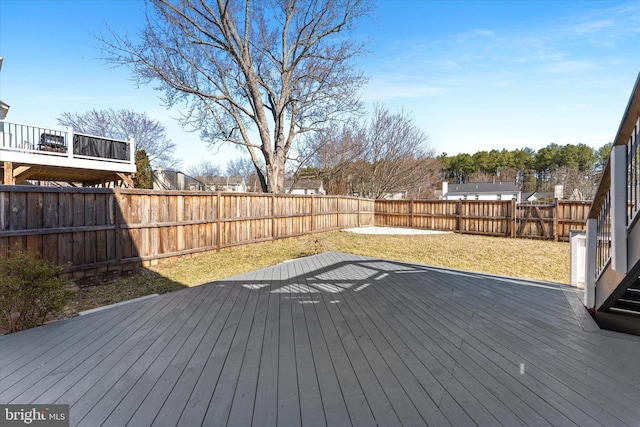 wooden deck with a yard and a fenced backyard