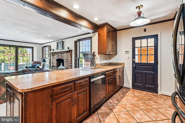 kitchen with dishwasher, ornamental molding, a peninsula, a textured ceiling, and a sink