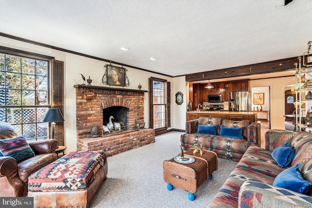 living room with plenty of natural light, a textured ceiling, crown molding, and carpet