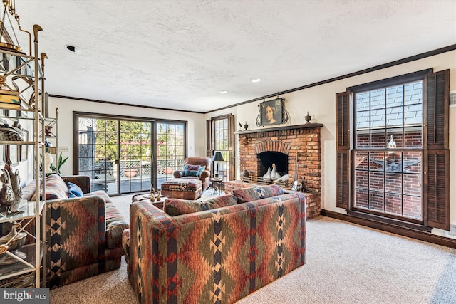 carpeted living room featuring a textured ceiling and ornamental molding