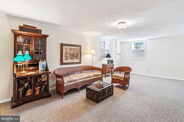 carpeted living room featuring a textured ceiling and baseboards