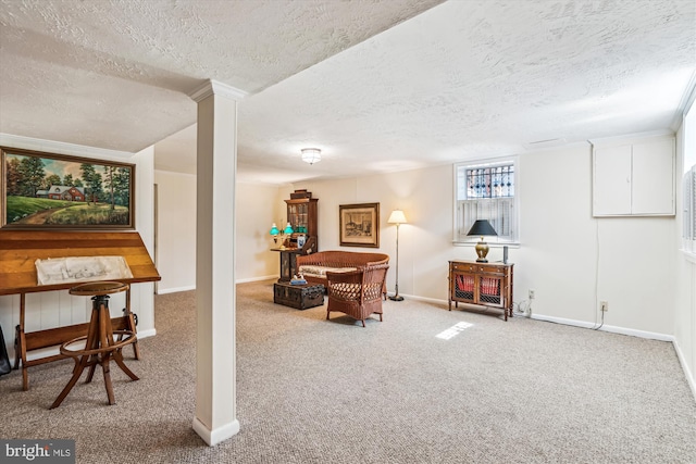 interior space featuring a textured ceiling, baseboards, and carpet