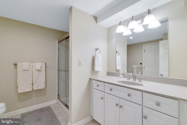 bathroom with vanity, visible vents, baseboards, a stall shower, and toilet