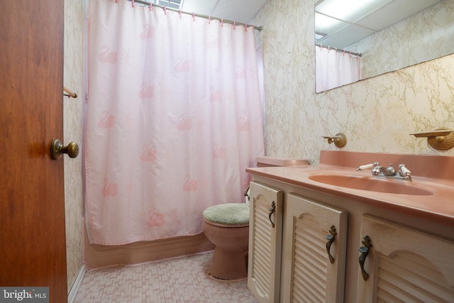 full bath with tile patterned floors, toilet, shower / bath combo, wallpapered walls, and vanity