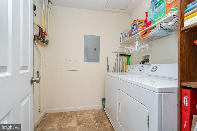 washroom featuring electric panel, laundry area, washing machine and dryer, and baseboards